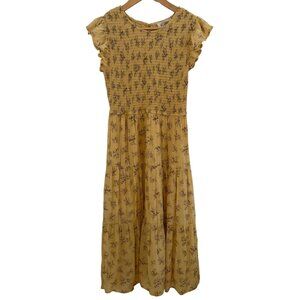 Prairie Womens Butter Yellow Floral Smocked Midi Dress Sz  M Ruffle Sleeves & Ti